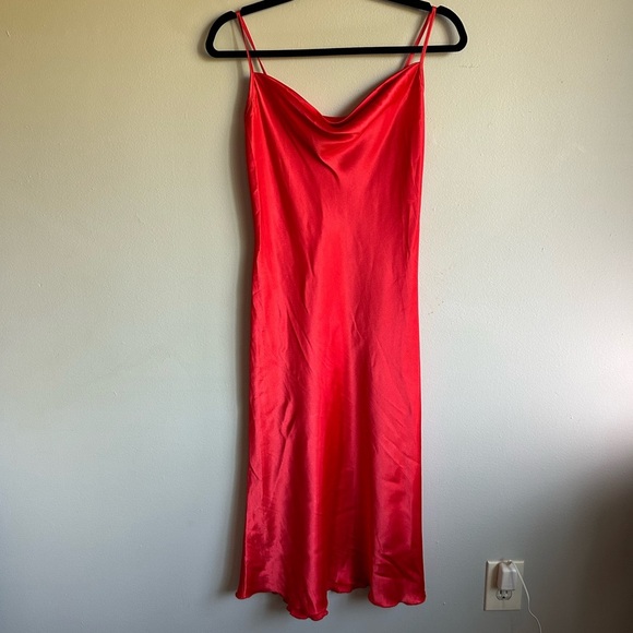 Bebe red slip satin dress,  draped neckline, lettuce edge, vintage - Picture 1 of 4